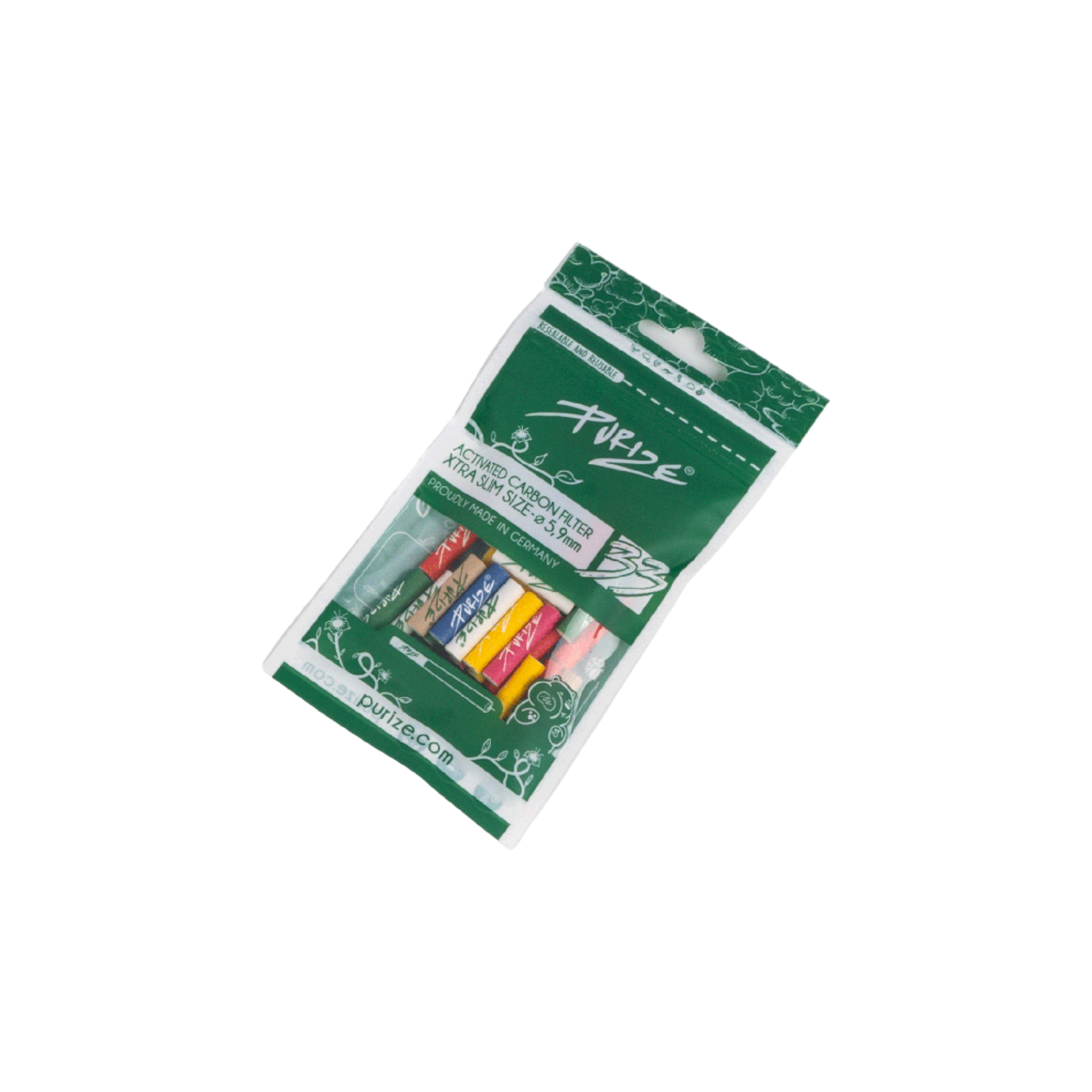 PURIZE® Color Mix 33er Pack XTRA Slim Aktivkohlefilter 5.9mm auf weißem Hintergrund