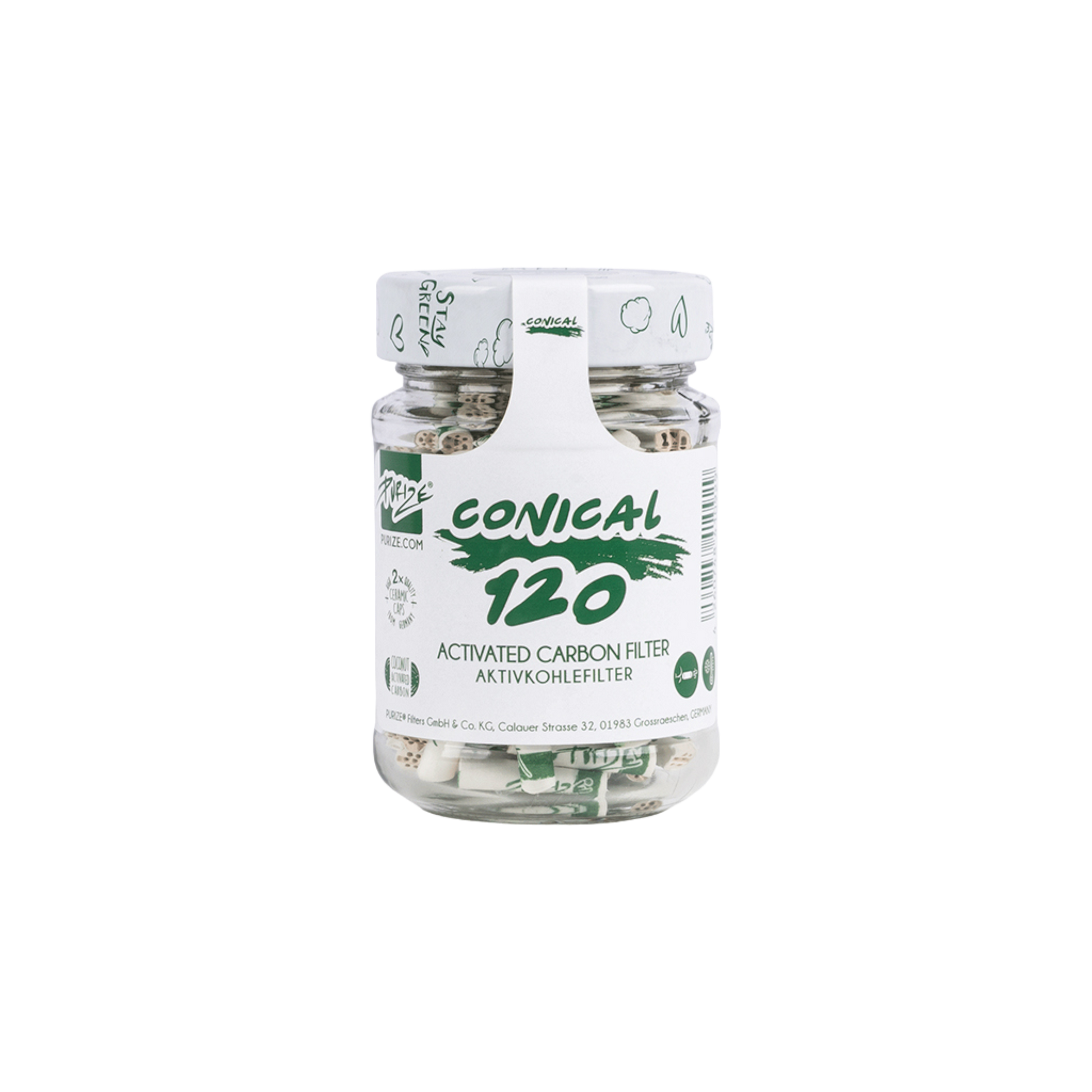 PURIZE® Conical XTRA Slim Size 120 Aktivkohlefilter im Glas auf weißem Hintergrund