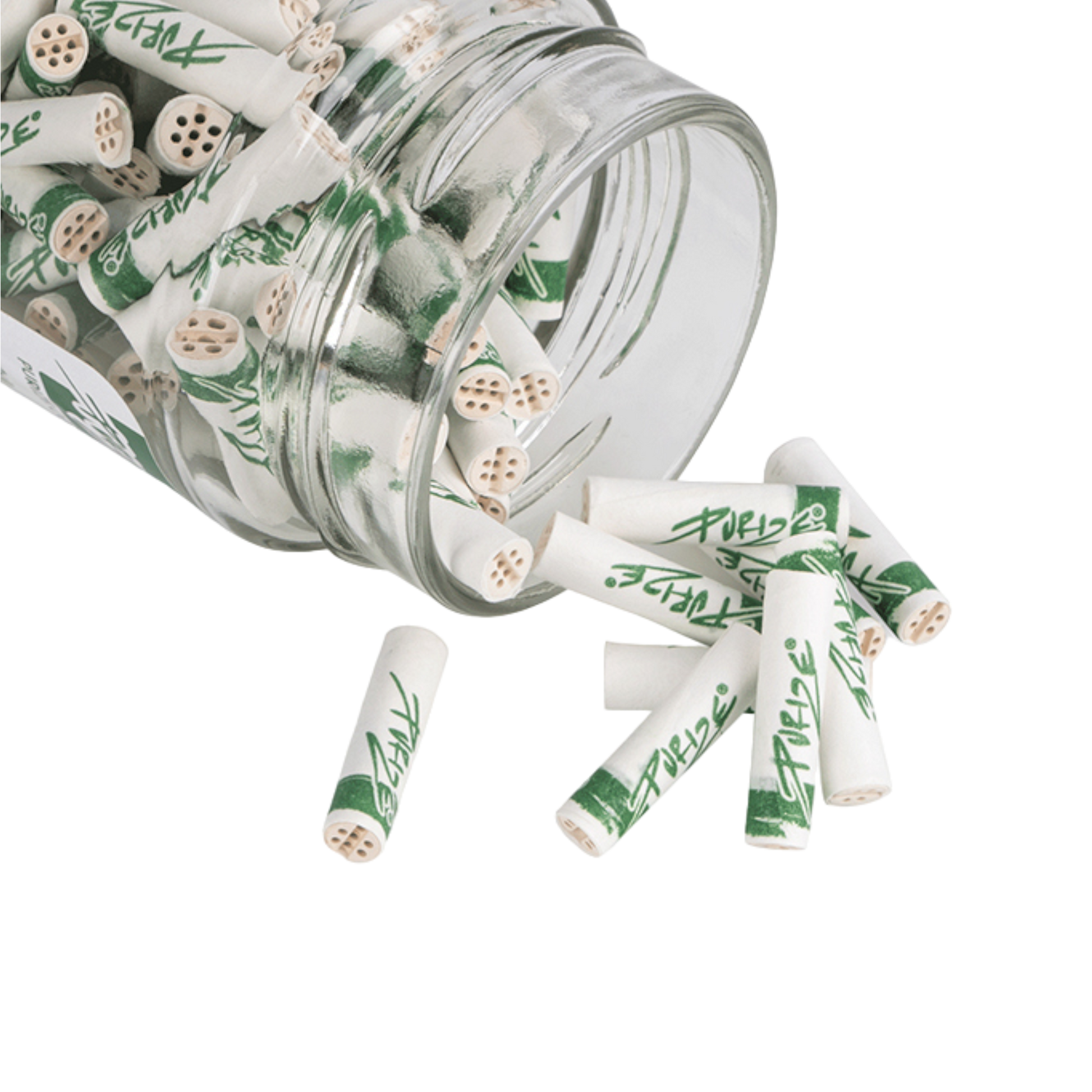 Detailansicht der PURIZE® Conical XTRA Slim Aktivkohlefilter im Glasbehälter