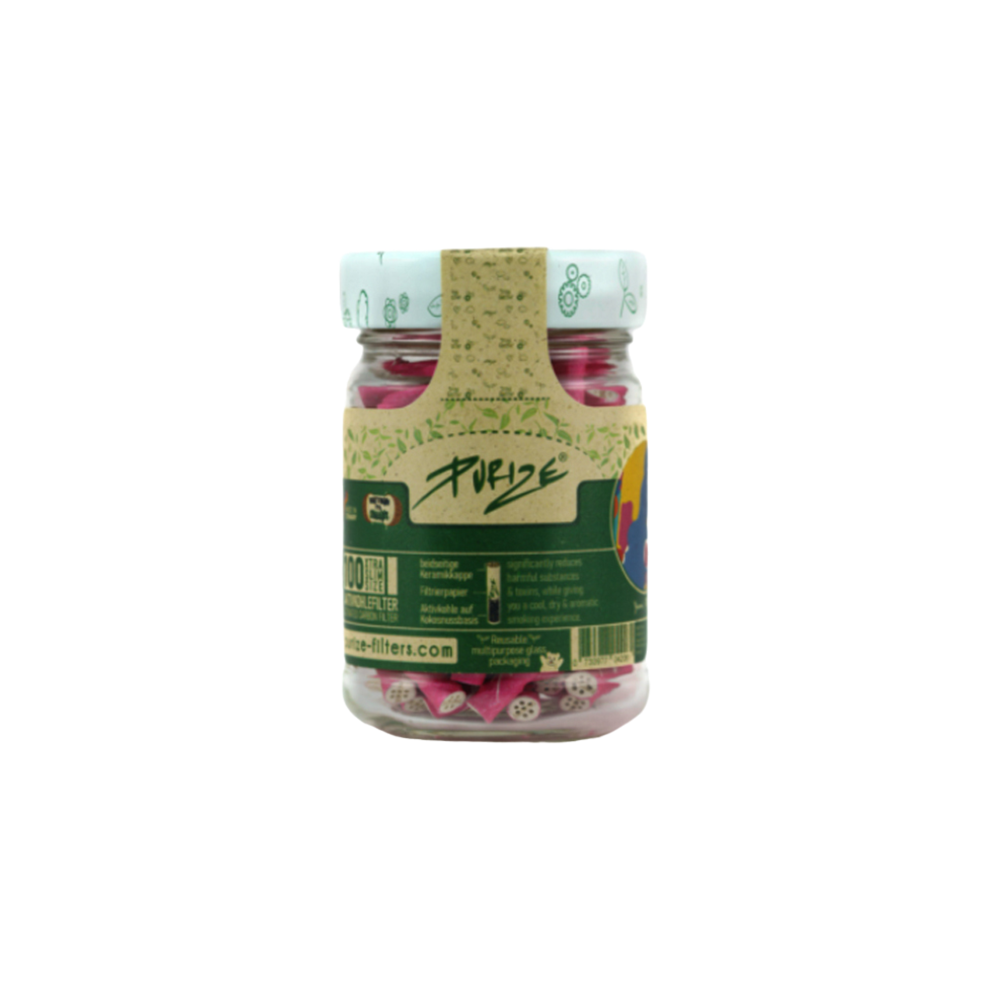 Detailansicht der PURIZE® Pink XTRA Slim Aktivkohlefilter im 100er Glasbehälter