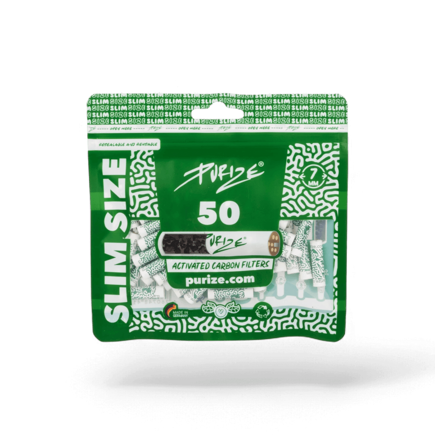 PURIZE® Slim Aktivkohlefilter in Originalverpackung (50 Stück im PE-Beutel).
