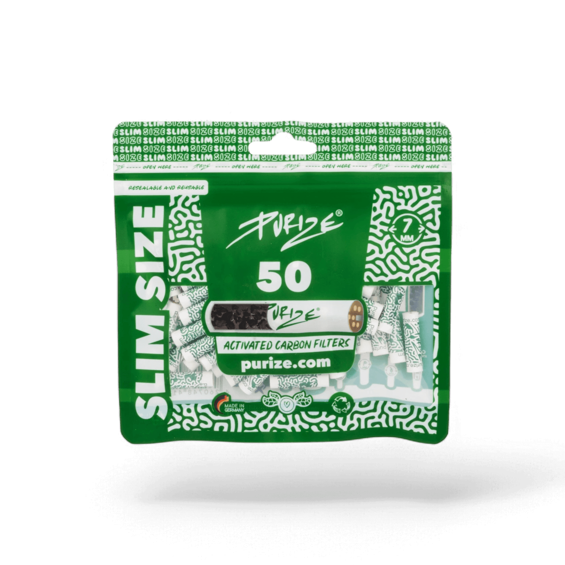 PURIZE® Slim Aktivkohlefilter in Originalverpackung (50 Stück im PE-Beutel).
