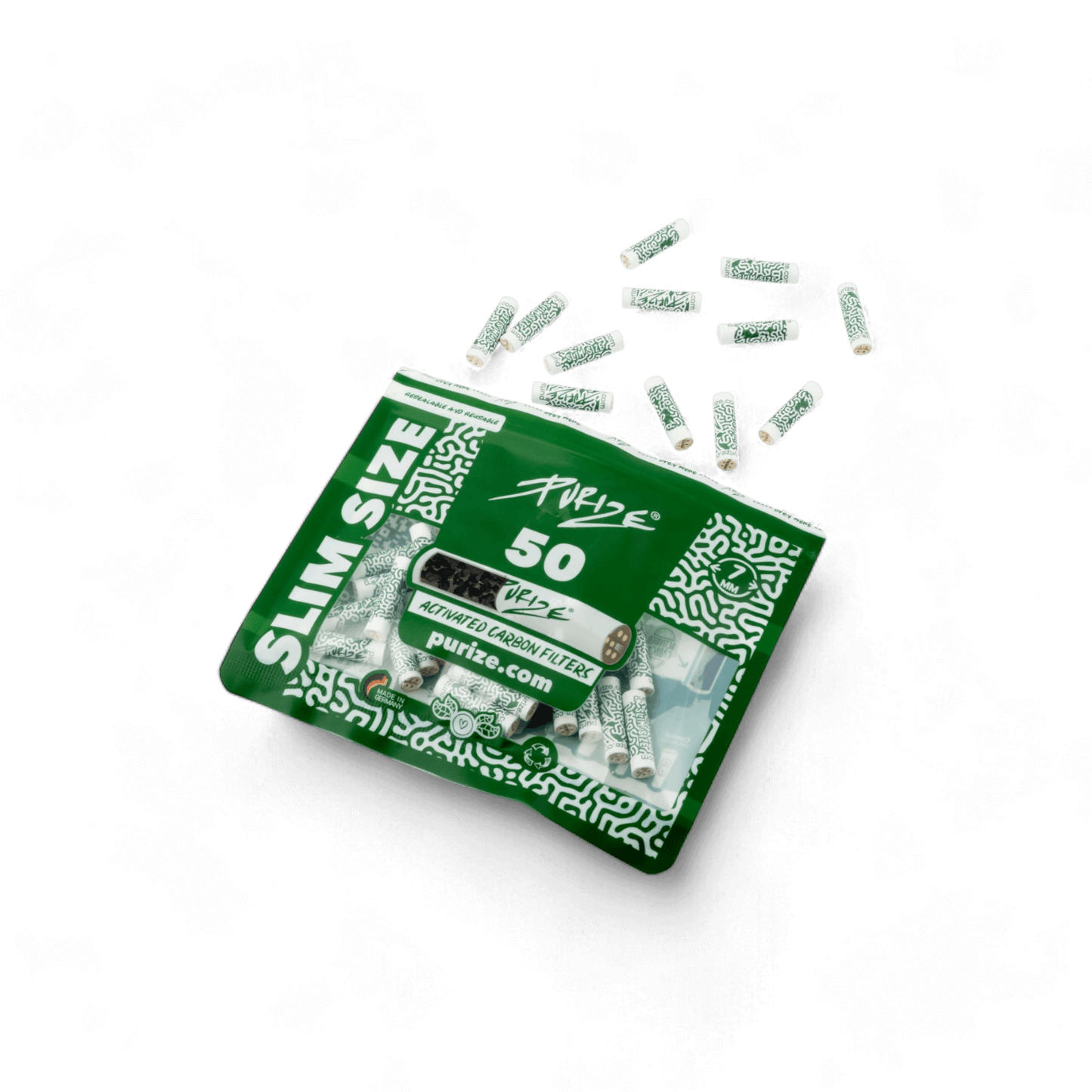 PURIZE® Slim Aktivkohlefilter in Weiß, ø 7 mm x 27 mm, hochwertiger Filter für kühlen Rauchgenuss.